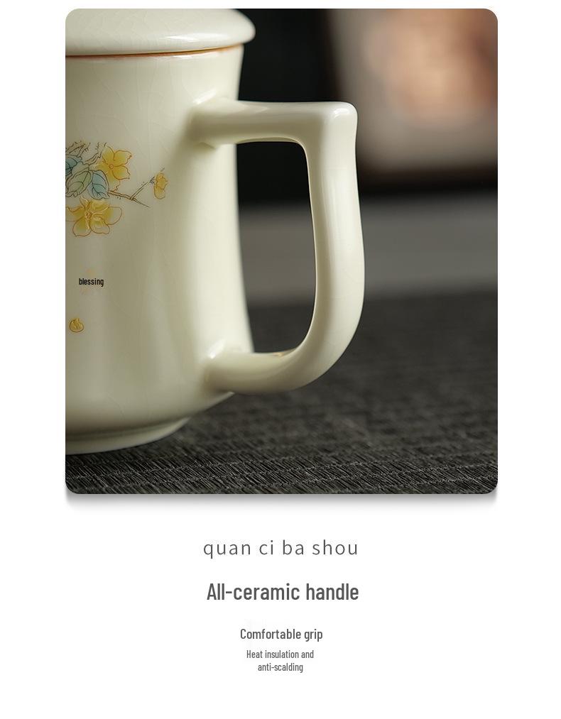 Beige Ru Ware Ceramic Tea Cup with Cute Kitten Design and Lid, Gift Boxed