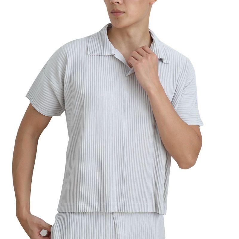 Miyake Men's Loose Fit Pleated Polo Shirt - Summer Breathable Short Sleeve with Turn-Down Collar, Solid Color (JM030)