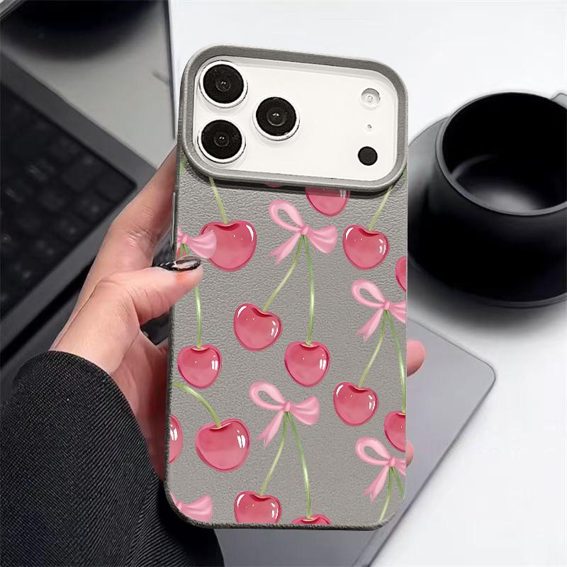 Custodia con Motivo di Frutti di Ciliegia Cristallini e Fiocchi per iPhone 17 Pro Max Copertura Morbida in Silicone con Texture in Pelle per iPhone 16 15 14 13 Pro 12 11 16E Air