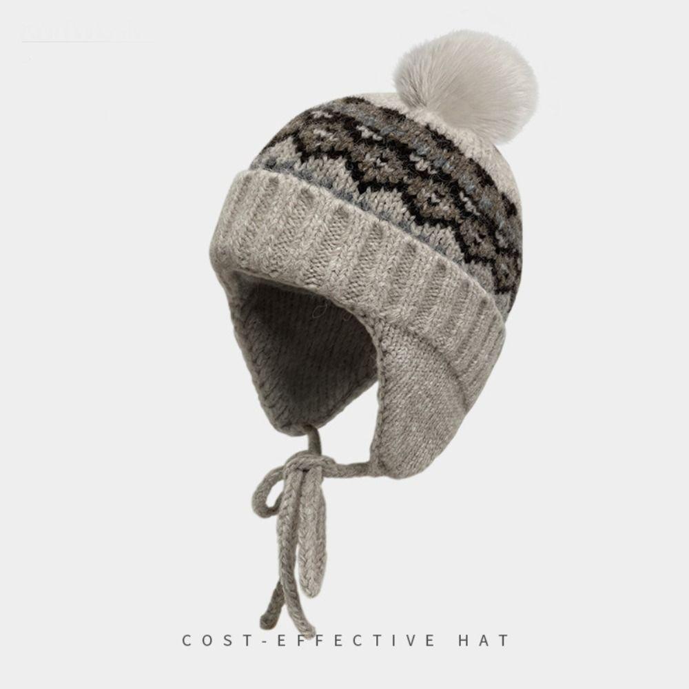 Warm Fair Isle Style Beanies Wool Lei Feng Hat Retro Jacquard Knitted Hat Girls