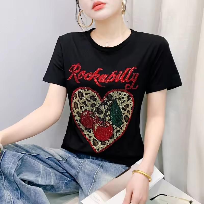 

Classic Women Cotton Tops Elegant O-Neck Chic Leopard Heart Hot Diamonds T-Shirts Summer Vintage Tees Sexy Female Clothes 3XL фіолетовий