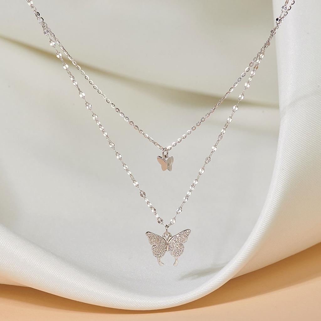Vintage Layered Crystal Butterfly Necklace Stylish Minimalist Design Pendant Necklaces Gift for Women Teen Girls Girlfriend