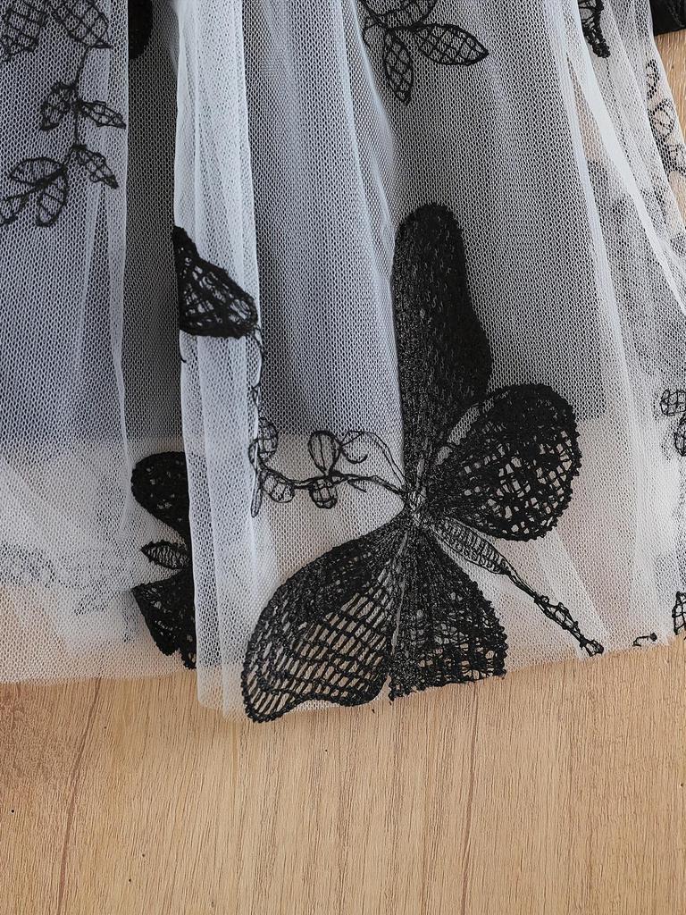 Girls Long Sleeve Black Butterfly Lace Tulle Dress Kids Spring Autumn Princess Dress