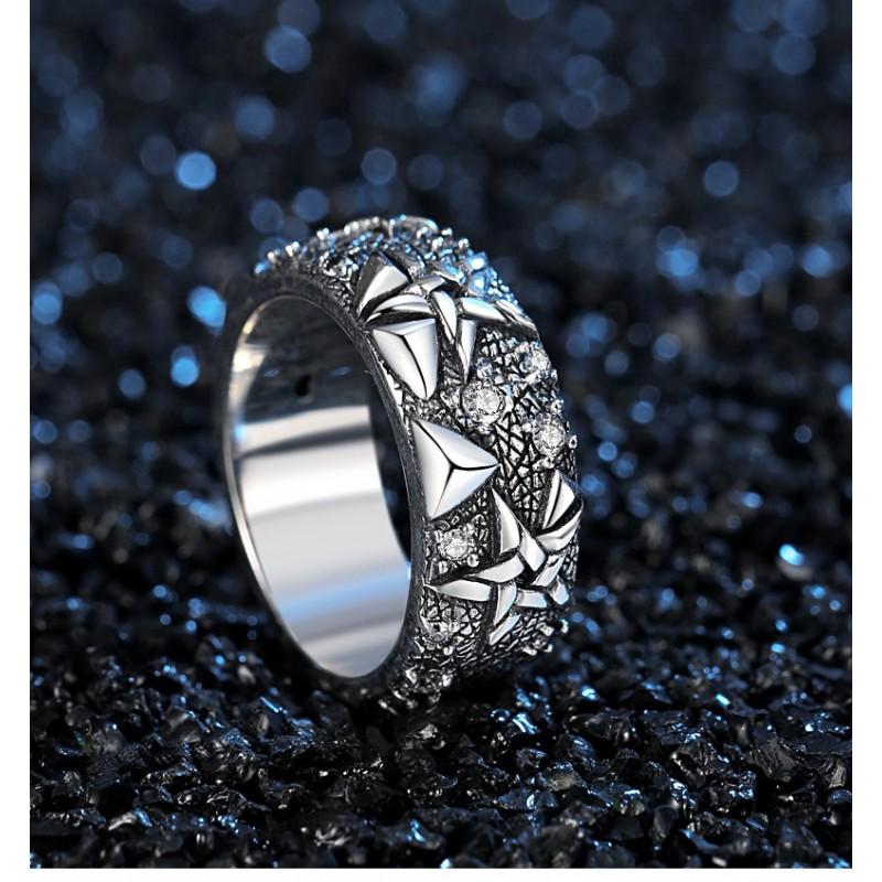 Adjustable Sterling Geometric Star Ring Men Women Hand-Set Crystal Accent Vintage Chic Finger Band