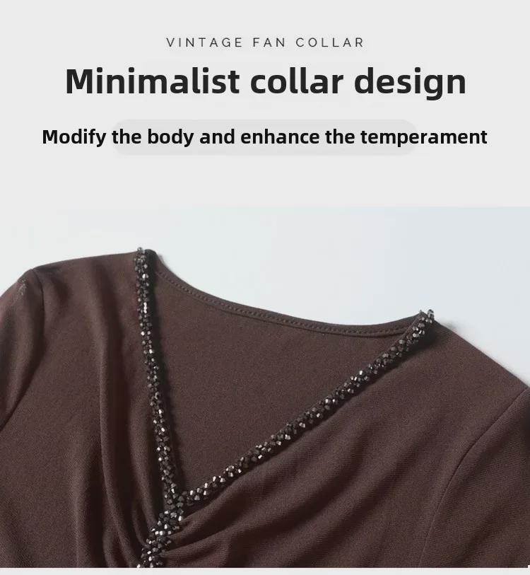 Autumn 2023 V-Neck Waist-Slimming Beaded Mesh Top for Women