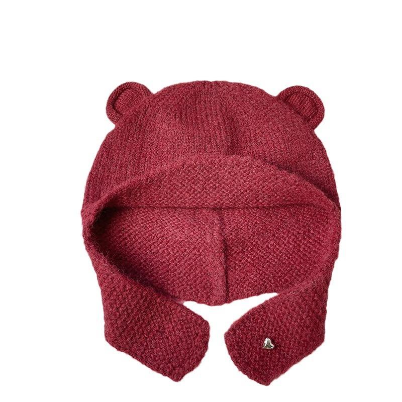 Cute Bear Ears Knitted Woolen Hat for Women in Autumn and Winter Versatile Face Showing Small Solid Color Hat Warm and Ear Protecting Lei Feng Hat