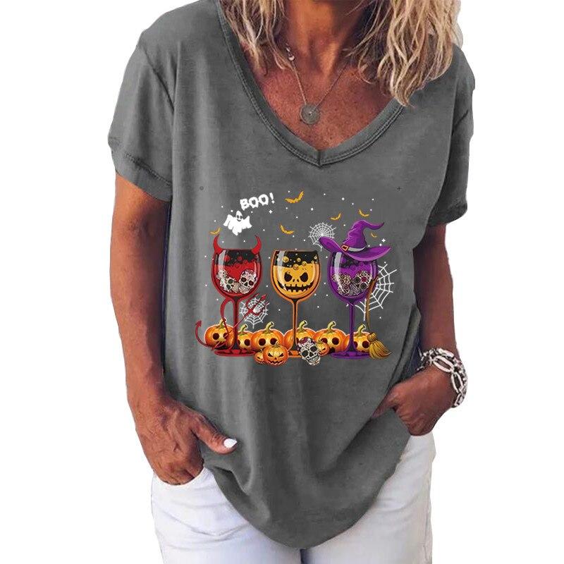 Fashion Spring  Halloween Print Blouses Short Sleeved V-Neck T Shirts Casual