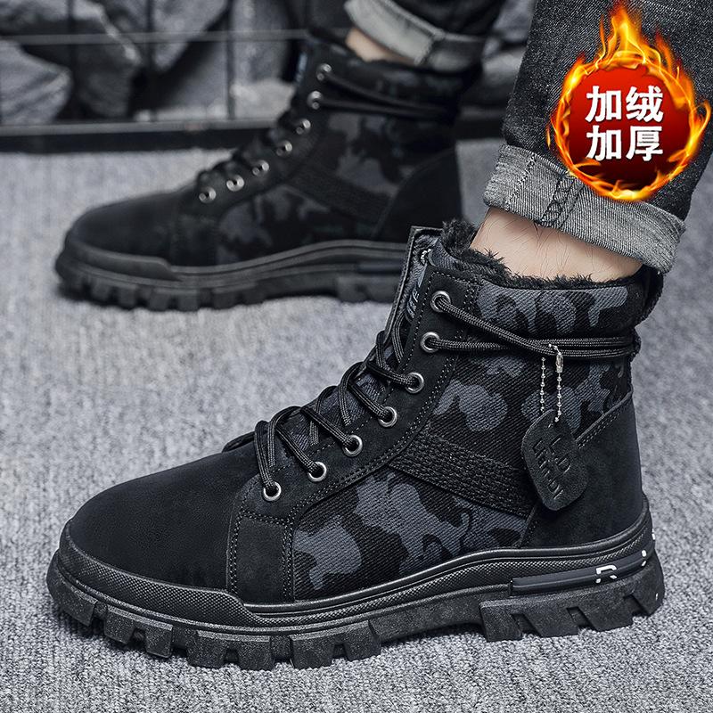 2025 winter new velvet warm Martin boots men's high-top thick-soled tooling boots trendy British style men's shoes
