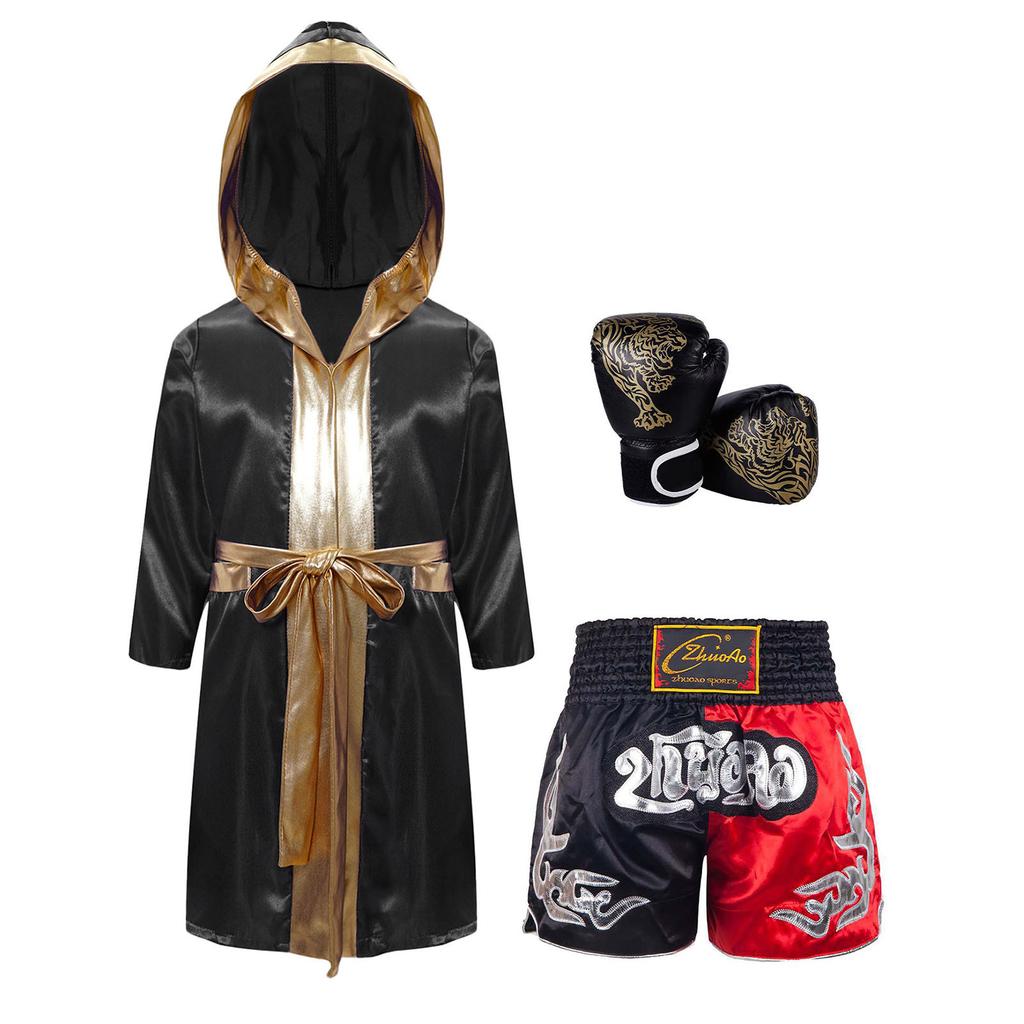 Jungen Kampf Nacht Cosplay Set: Boxer-Robe mit Kapuze, Elastische Shorts & Handschuhe Komplette Ausstattung für Party & Rollenspiel