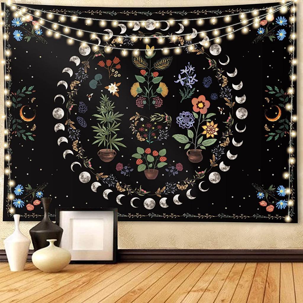 VIKAMA Vintage Floral Moon Phase Tapestry Bohemian Flower Star Moon Wall Blanket for Bedroom Living Room Dormitory Decor