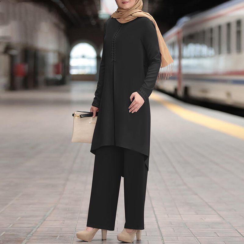 Γυναικείο Σετ Μπλούζα με Δαντέλα και Στρογγυλή Λαιμόκοψη και Μακρύ Παντελόνι