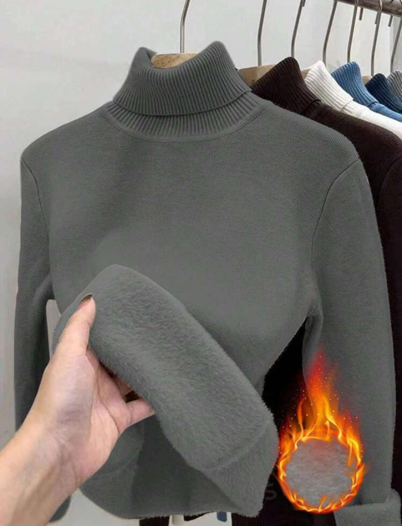 Women's Turtleneck Long Sleeve Knit Top Regular Fit Elegant Casual Sweater Solid Fleece Lined Warm Base Layer
