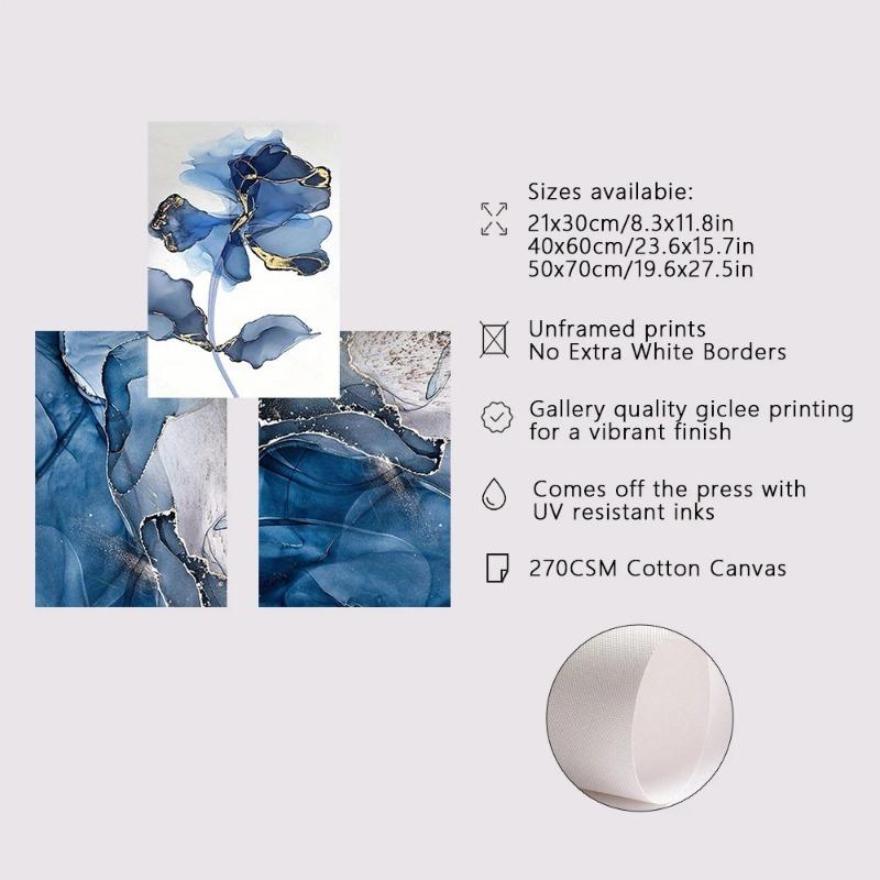 3pcs Frameless Nordic Abstract Blue Marble and Flowers Canvas Painting Wall Decorative Pictures for Living Room Poster and Print