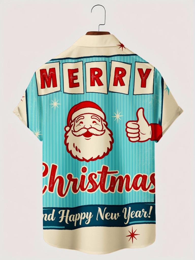Men's Christmas Themed Short-Sleeve Hawaiian Shirt, Polyester Material, Comfortable and Breathable Fabric, Lapel Collar, 3D Digital Print with Full