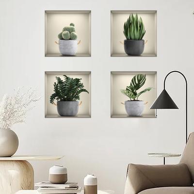 4Pcs/Set Wall Sticker 3D Effect Potted Green Plants Theme DIY Living Room Bedroom Decoration Wall Art Decal Home Supplies