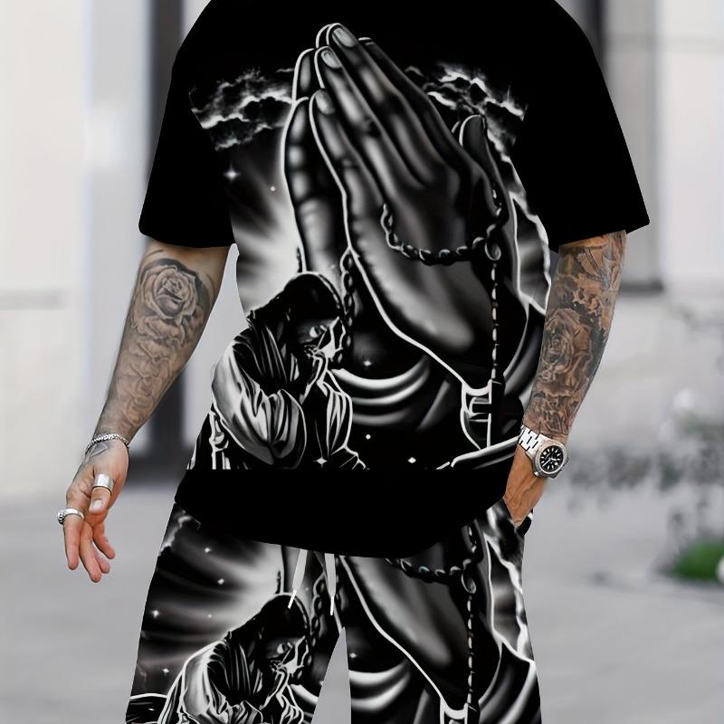 Set de Vară pentru Bărbați cu Tricou Larg Imprimat 3D și Pantaloni Scurți Modă Simplă Îmbrăcăminte Sport Casual Două Piese pentru Activități în Aer Liber