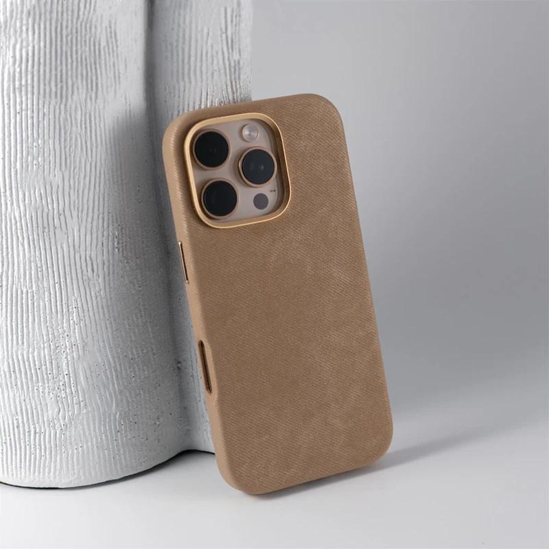Magnetic Wireless Charging Phone Case for iPhone 16 16pro Max 14 15 Pro 13 12 Retro Flannel Fibre MagSafe Metal Lens Armor Cover