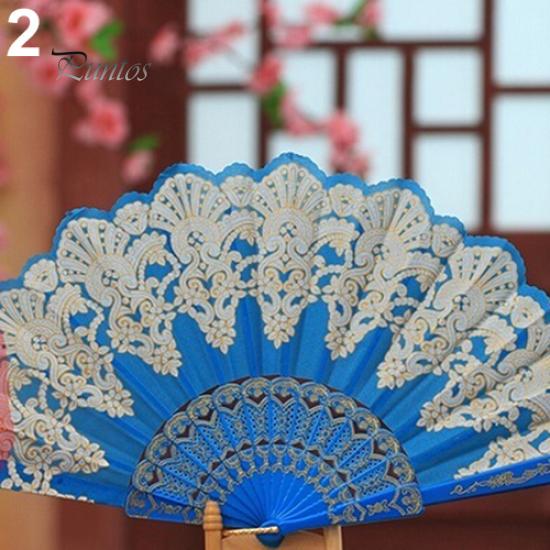 Cute Ethnic Dance Golden Tone Hand Held Flower Fan