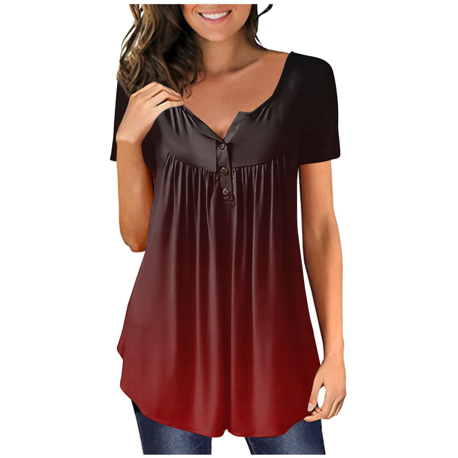 

Женская туника с коротким рукавом, свободные топы, повседневные топы больших размеров, плиссированная туника на пуговицах, повседневные летние топы с цветочным принтом для женщин L винный