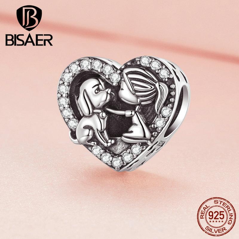 

BISAER стерлингового серебра 925 пробы с кубическим цирконием в форме сердца для девочек и бусинок для домашних животных, подходит для оригинального браслета, ожерелья, ювелирного изделия, подарка 925 Silver