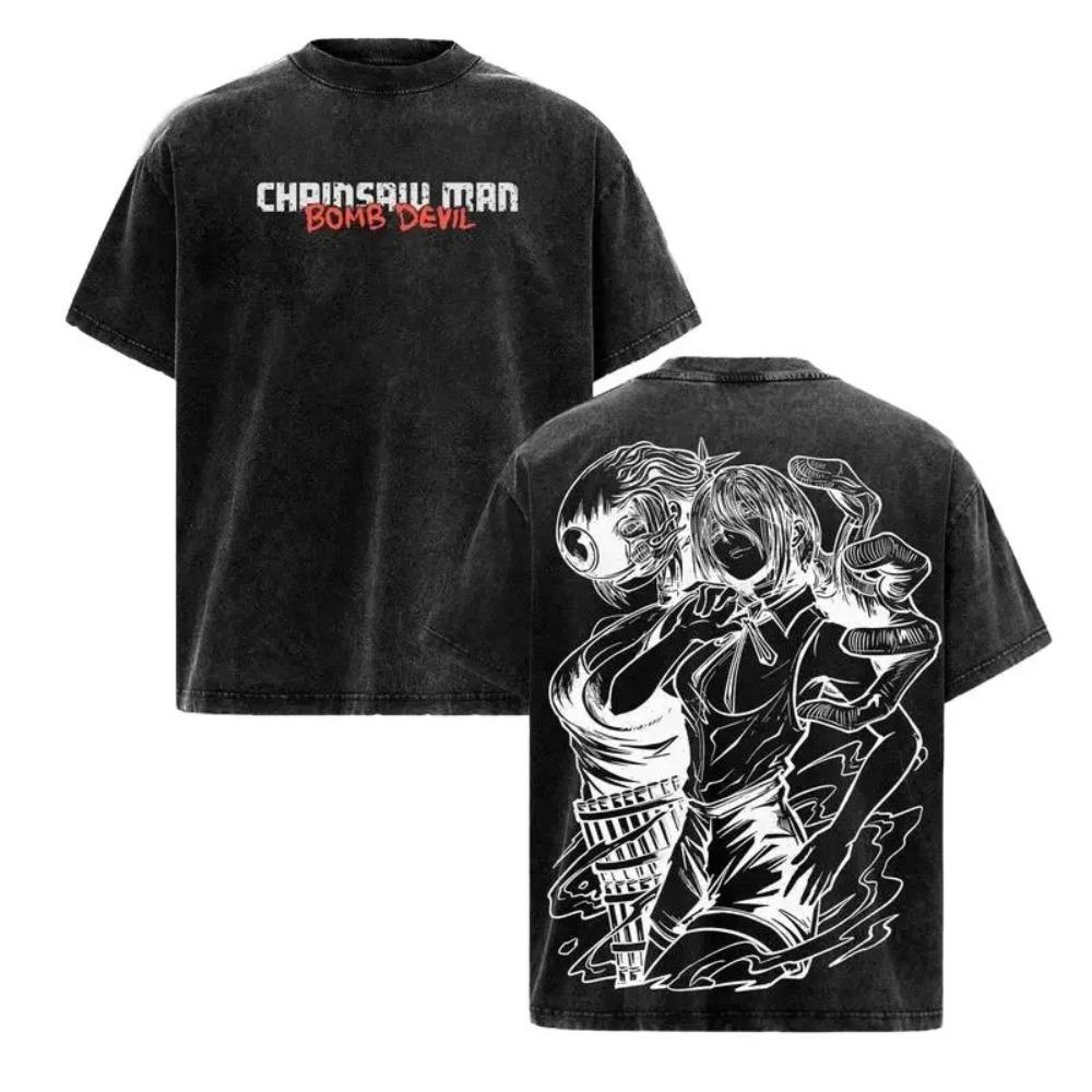 Chainsaw Man Reze (Bomb Devil) Black & White Line Art Vintage Washed Anime T-Shirt, Unisex Manga Fan Streetwear Tee, 100% Cotton Casual Short Sleeve