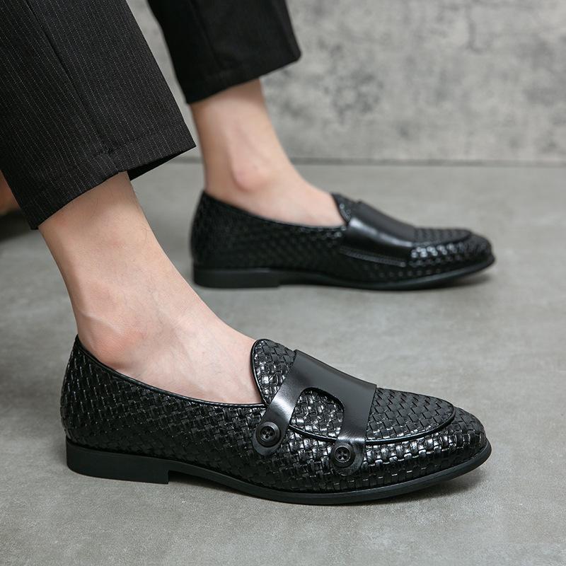 New Shoes for Men Leather Casual Shoes Knit Style Monk-Strap Shoe Street Fashion Slip-on Loafers
