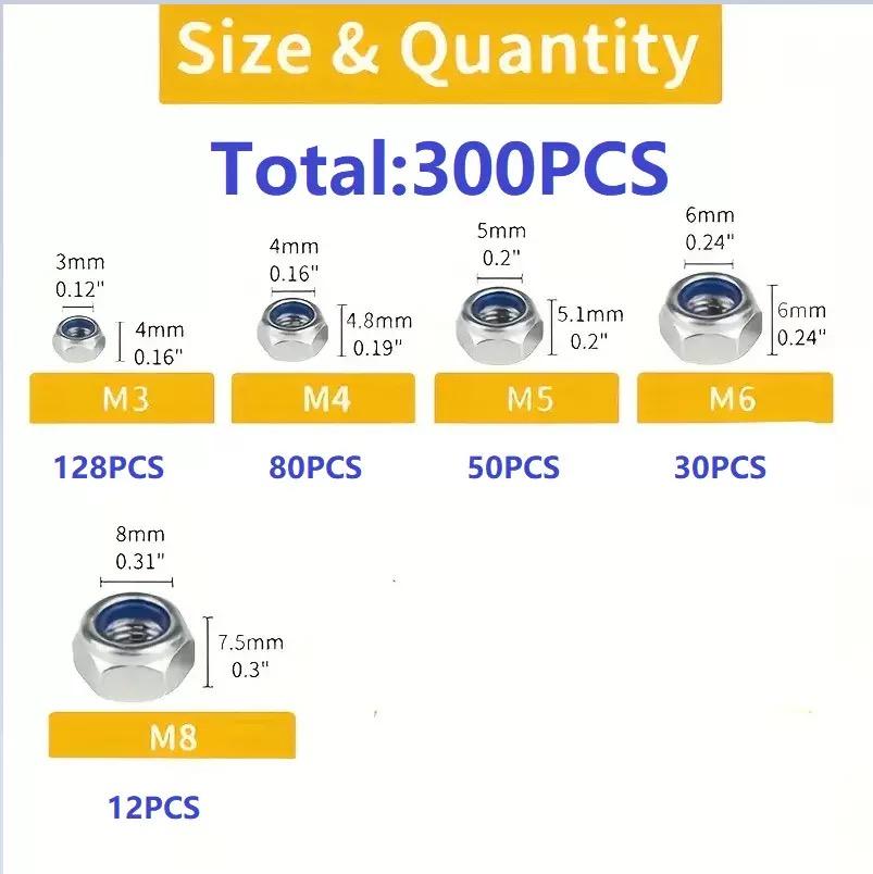 300/150pcs M3-M8 anti-slip hex nuts full-thread anti-lock 8-grade safety-locking for industrial/construction/electronics/aut