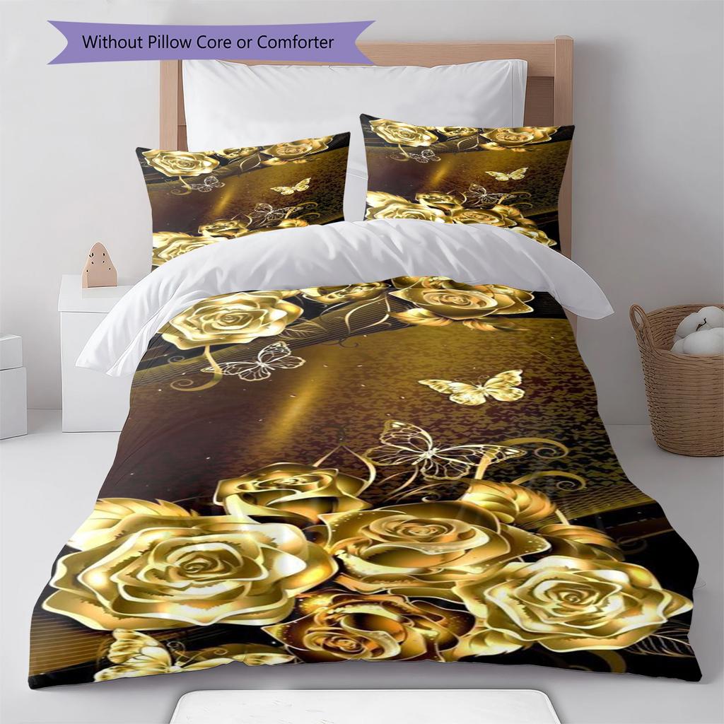 Golden Flower Pattern Bedding Quilt Set Quilt Cover Pillowcase Home Decoration Gift (1 * Duvet Cover + 2 * Pillowcase, Without Core)