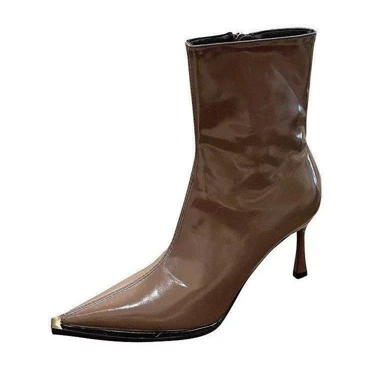 Patent Leather Short Boots Women'S High Heel Pointed Side Zipper Versatile Autumn And Winter Black Thin Heel Boots