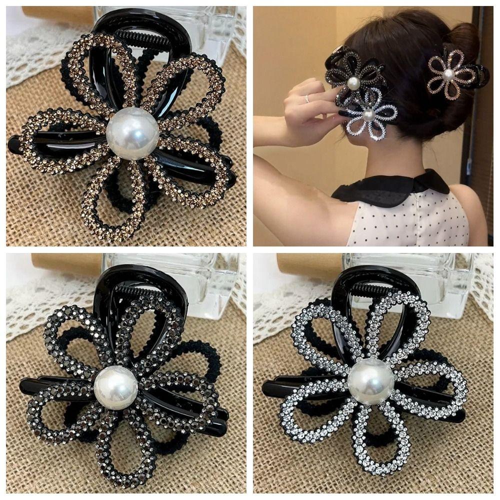 Korean Style Flower Pearls Shark Clip  Shiny Hair Claw Rhinestone Shark Clip  Headwear