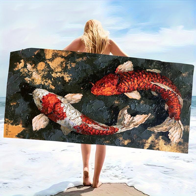 Absorbent Quick Dry Microfiber Beach Towel - Colorful Koi Fish Design, Lightweight for Picnic, Travel & Outdoor Use, Easy Pack