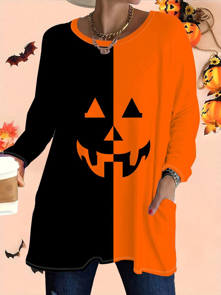 2025 Autumn Winter New Plus Size Women's Tops, Halloween 3D Print Fashion Crew Neck Long Sleeve T-Shirts