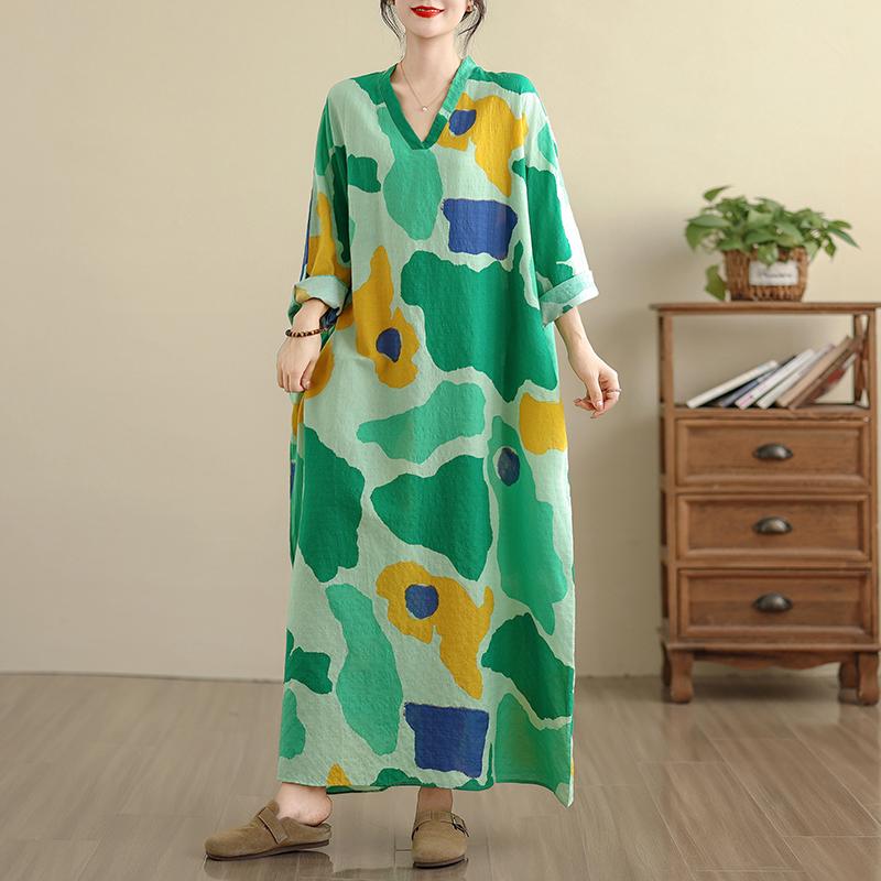 

DIMANAF 2025 Women Plus Size Spring Long Dress Loose V-Neck Printing Vintage Casual Floral Oversize Long 5035 One Size