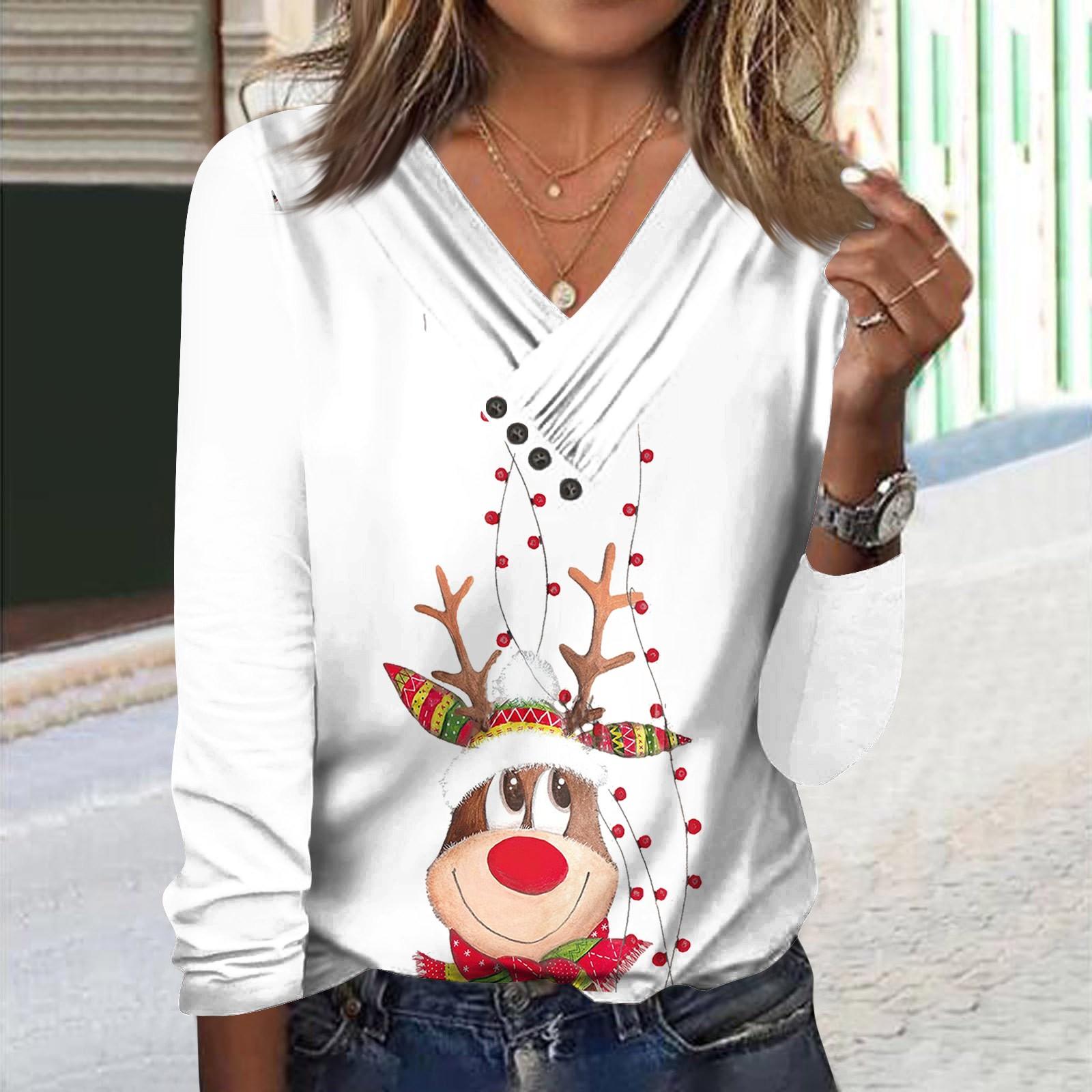

Women s Fashion Long Sleeve T Shirt V Neck Long Sleeve Shirt Button Christmas Print Casual Top XL червоний