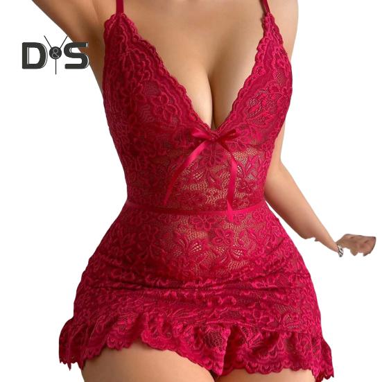 Dámská noční košile s výstřihem do V květinová výšivka bez rukávů Slim Fit noční košile s volánky Průhledná svůdná noční košile do ložnice