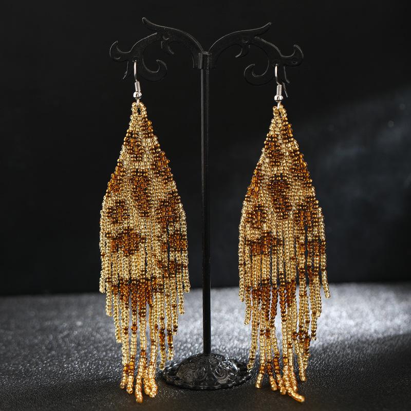 Popular Handmade Rice Beads Leopard Print Series Fringed Earrings Women's Personality Temperament Long Earrings Bohemian Tide