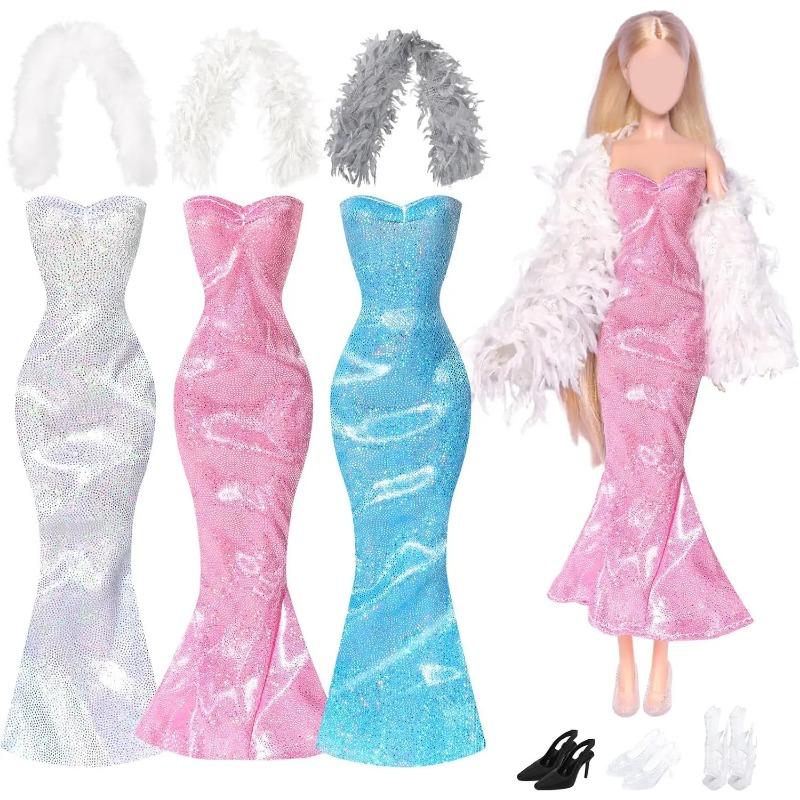 3 Sets 30cm Girl Doll Clothes Girls Doll Accessories Mermaids Evening Gown Dress Fur Shawl Shoes Outfit Doll Clothing(NO DOLL)