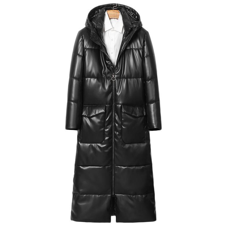 Пуховик гусиный кожаная куртка мужская до колена супер длинная Хайнин зимняя новая утолщенная куртка из овчины с капюшоном L