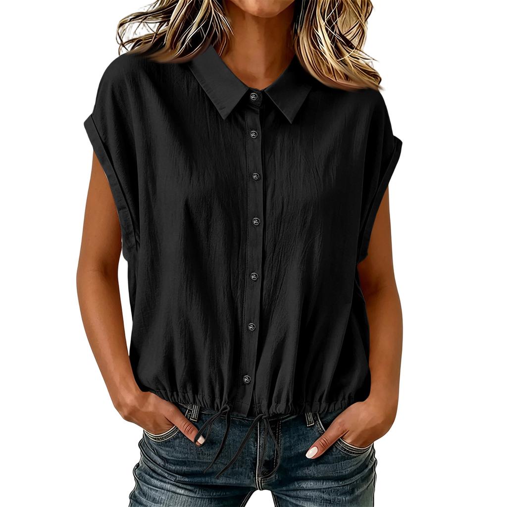 Camicia Casual da Donna a Bottoni Manica Corta Orlo con Coulisse Vestibilità Rilassata Top Leggero per l'Uso Quotidiano