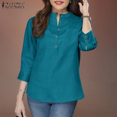 Women Casual V-Neck Loose 3/4 Sleeve Cotton Blouse