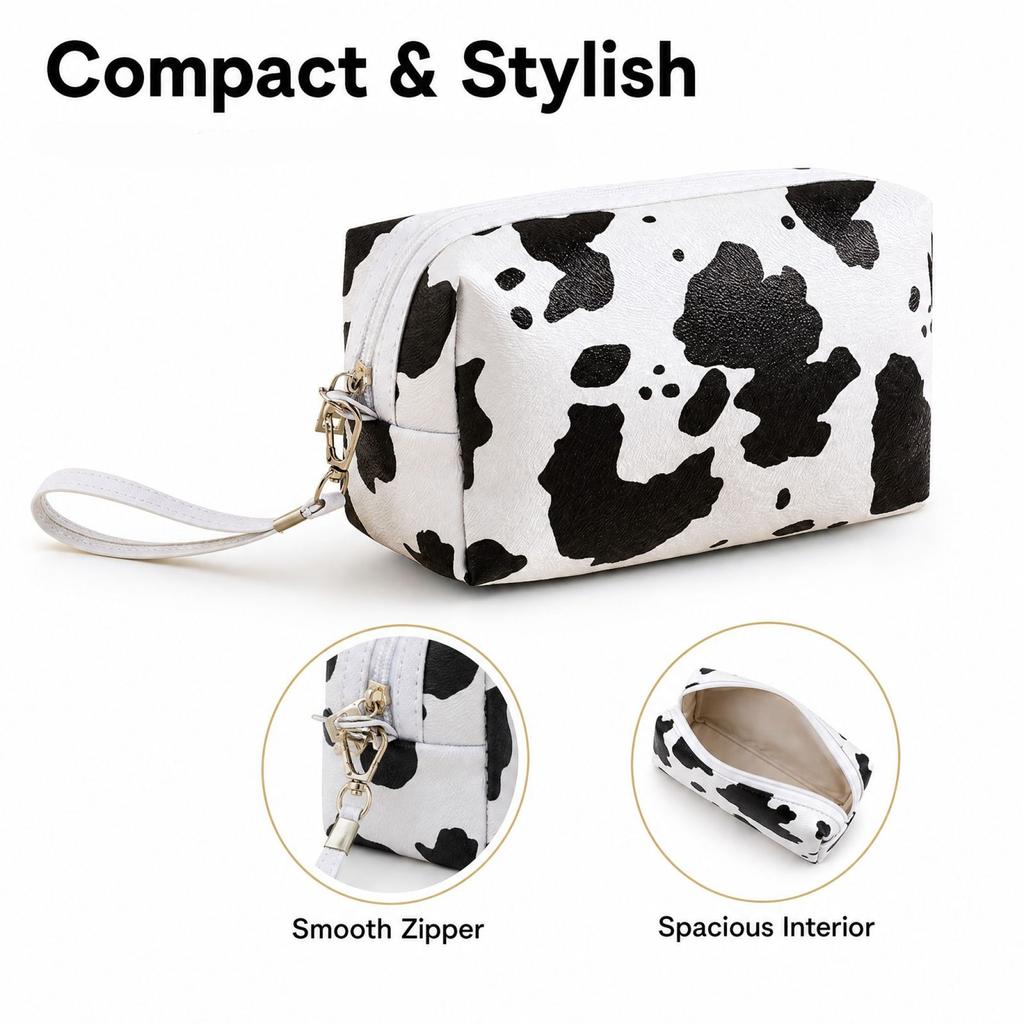 Cow Print Leather Makeup Bag, Portable - Cosmetic Storage Pouch