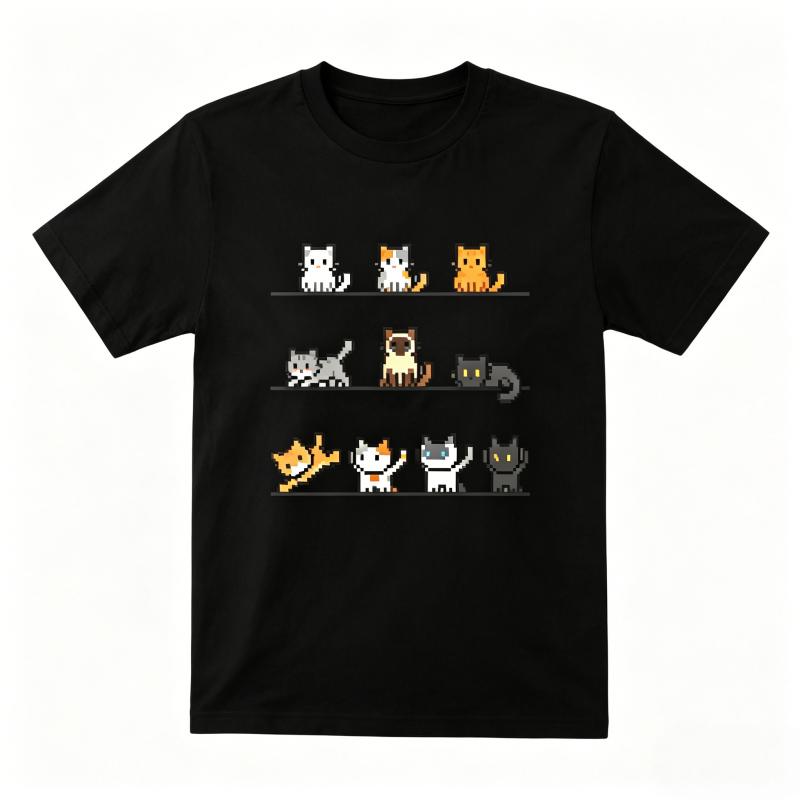 Retro Pixel Cats Collection Graphic T Shirt Unisex Women Casual Short Sleeve Cotton Oneck Tees Cute Kitten Lover Casual Tops