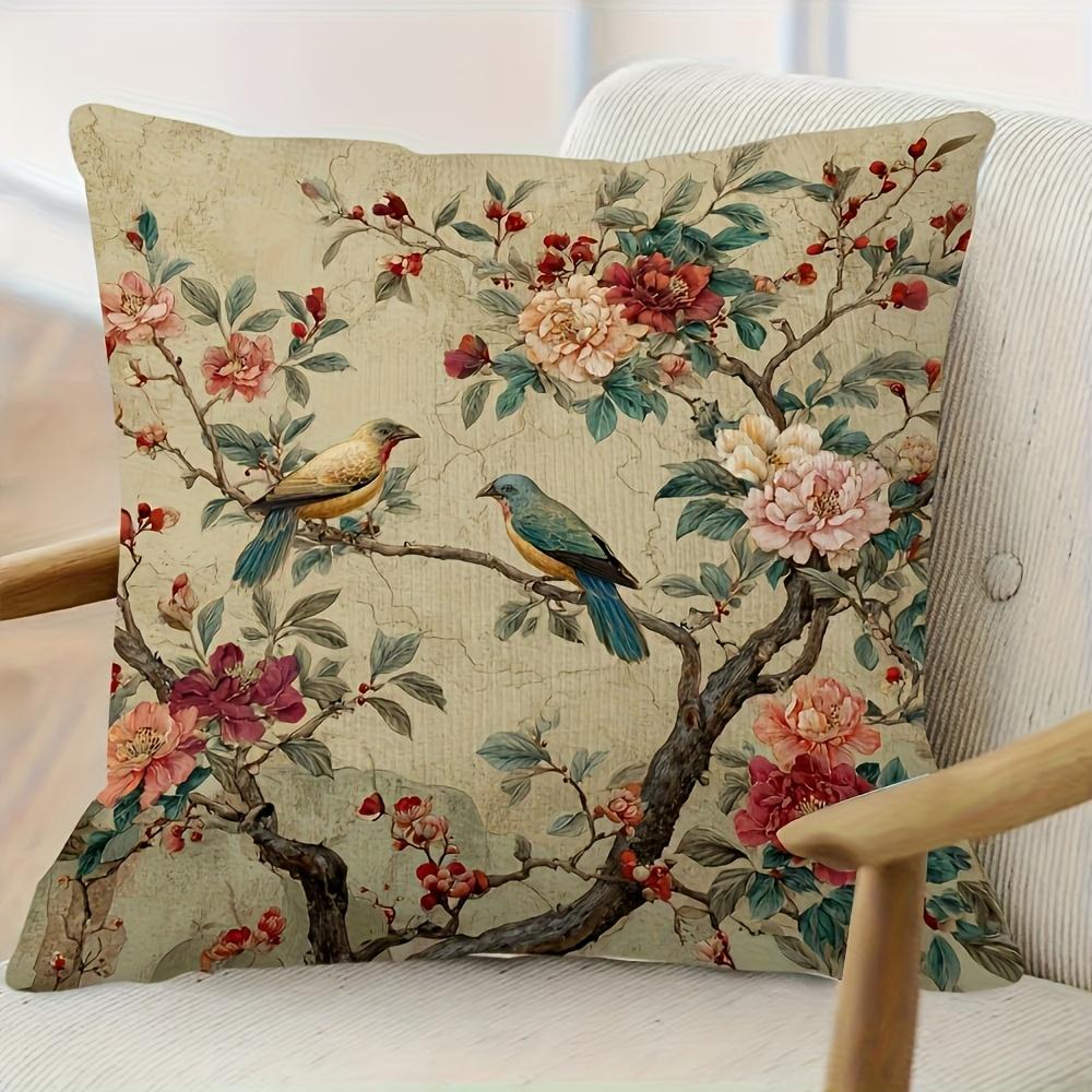 Vintage Chinoiserie Bird And Flower Throw Pillow Cover, Retro Botanical Floral Print Decorative Cushion For Bedroom Sofa Couch