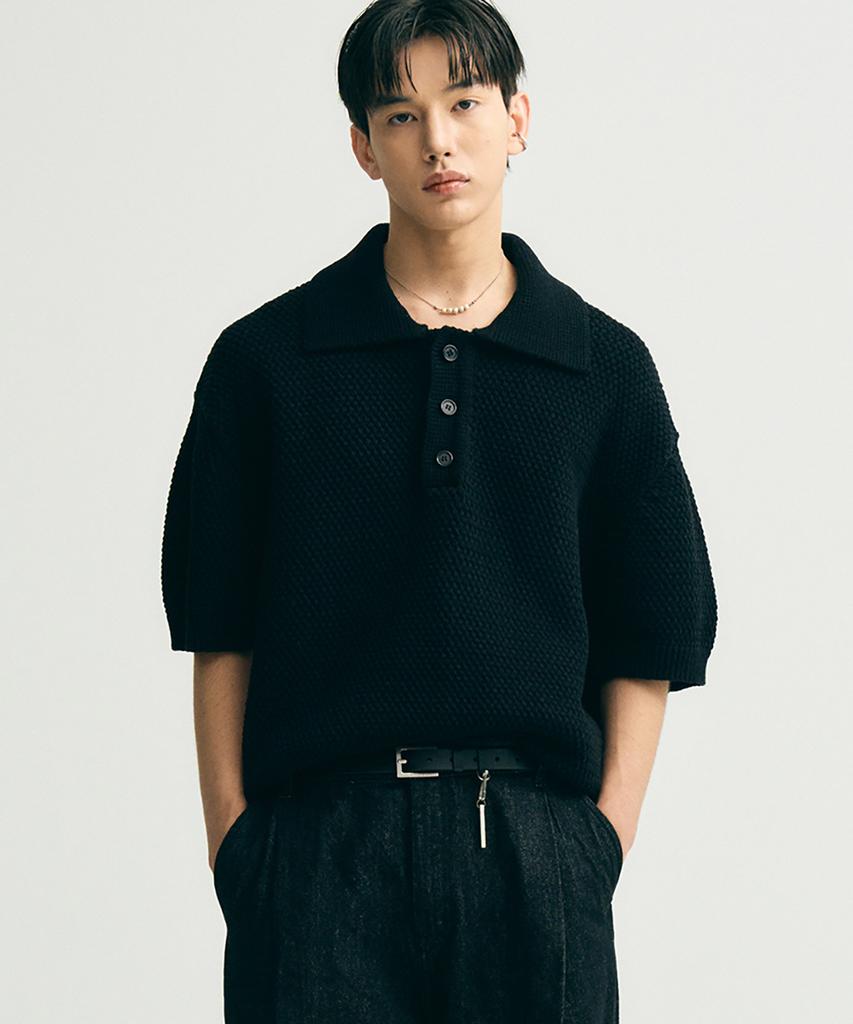 NOIRER Oversized Heavy Polo Half Knit (Black)