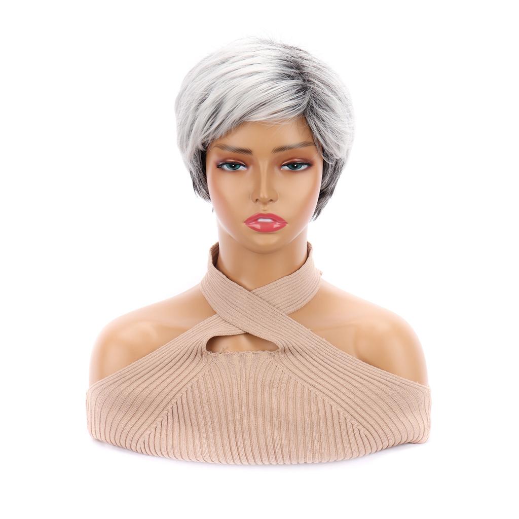 Parochne s krátkymi vlasmi s ofinou Tmavohnedá zmiešaná blond parochňa Pixie strihu pre ženy Rovné parochne zo syntetického vlákna