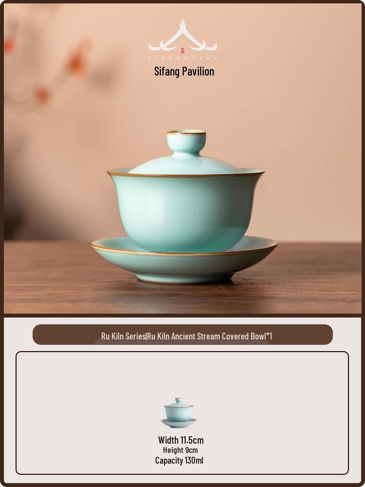 Ru Kiln Gaiwan Tea Set: Handmade Jingdezhen Kung Fu Ceramic with Three Talents Tea Cups in Retro Porcelain Gift Box 150ml