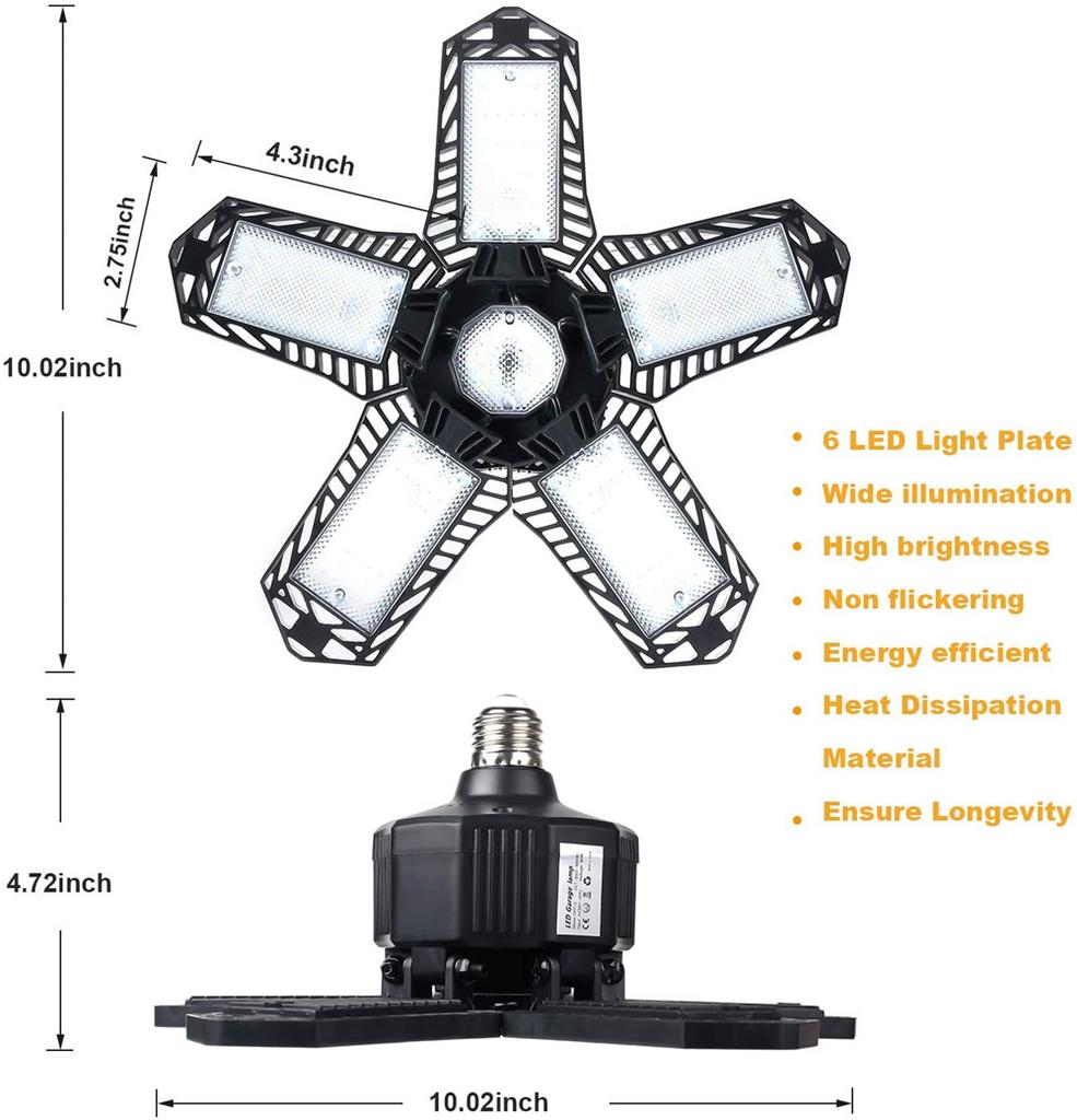 30/45/180W LED Garage Light E26/E27 Deformable Ceiling Light Warehouse Lighting Bulb with 5 Adjustable Panel Industrial LED Lamp