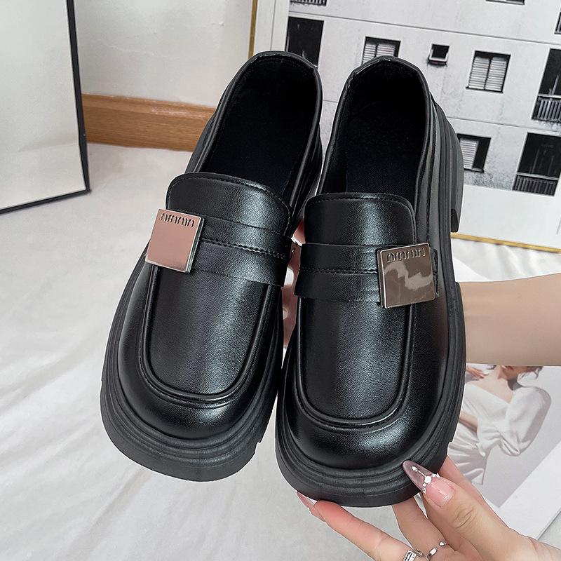 

Loafers women s 2025 spring and autumn new thick-soled one-pedal black uniform French muffin sole small leather shoes women s shoes 35