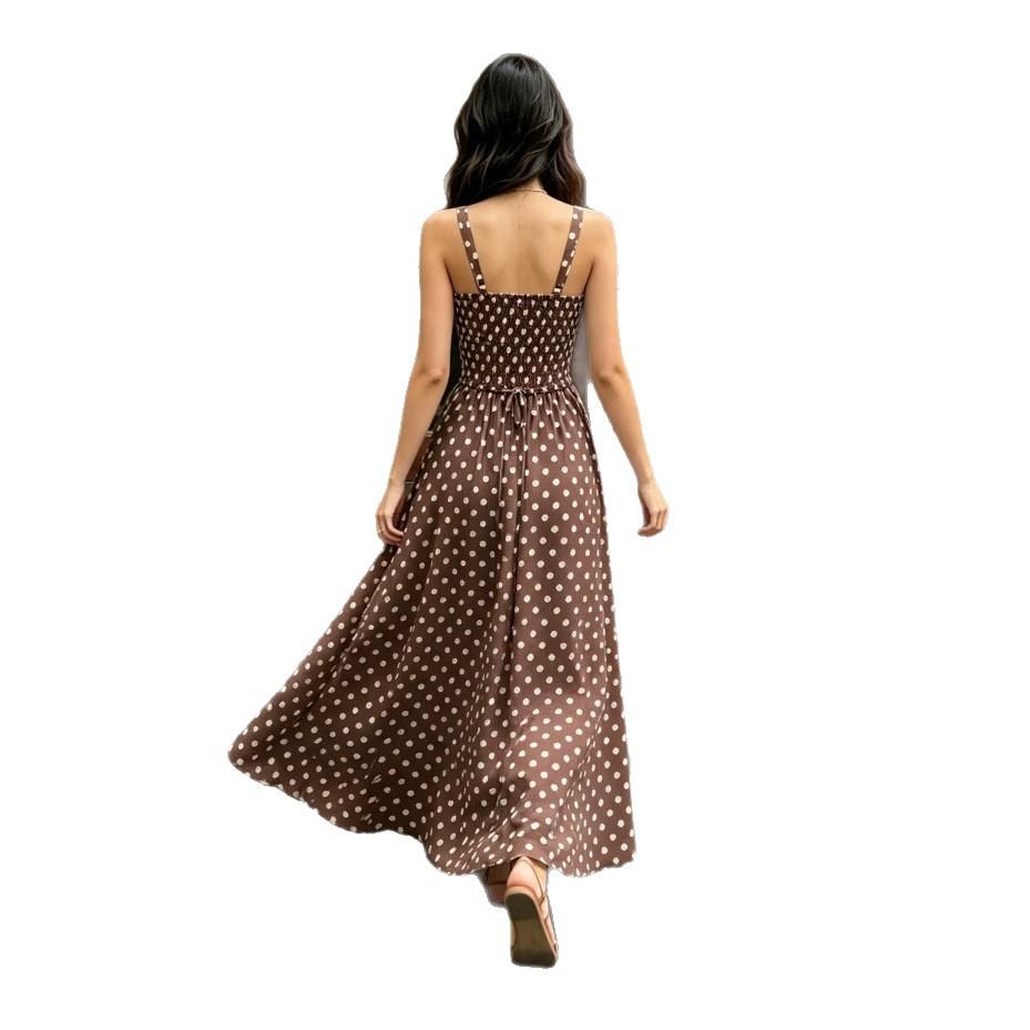 Summer New Women's Clothing Temperament Light and Mature Wind Polka Dots Waist Thin Suspender Dress Long Dress Women