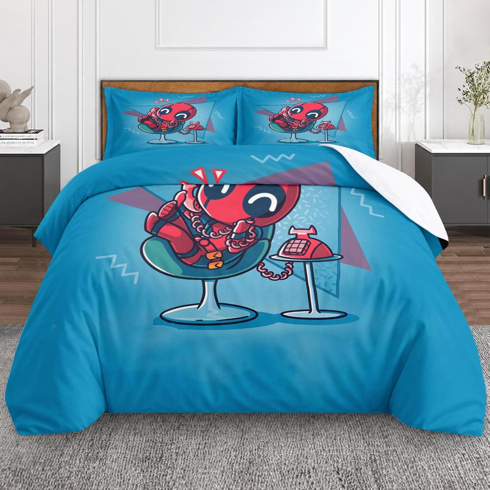 Chibi Deadpool Retro Phone Duvet Cover Set 3 Piece Cute Marvel Antihero Bedding Set 80s Blue for Kids Teens Bedroom Wall Decor Gift